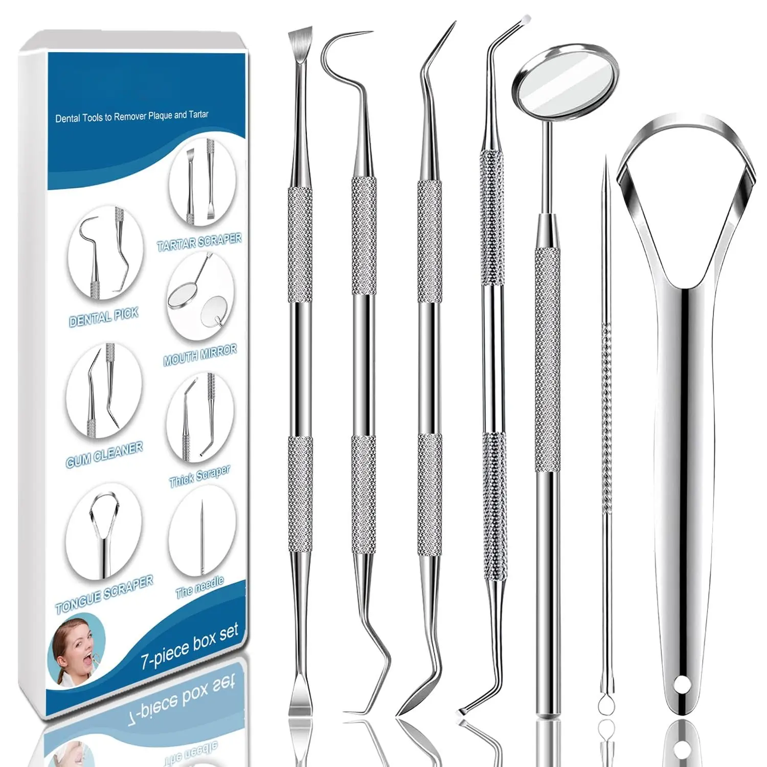 7-Piece Manual Teeth Cleansing Kit with 100% High-Purity Medical Stainless Steel Tools, Durable & Ergonomic Plaque Removal Set, Includes Tongue Scraper, 7-Piece Box Set for Oral Care, Beauty Products, Seven Pieces