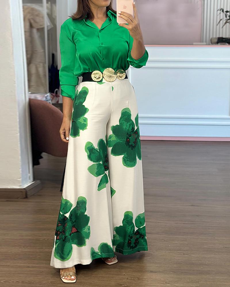ChicMe 2 Pieces Outfit Long Sleeve Satin Blouse and Casual Wedding Guest Floral Print High Waist Wide Leg Pants Wedding Set/High-Waisted Lounge Outfit/ Satin Blouse and Pants Set（Without Belt Flowy