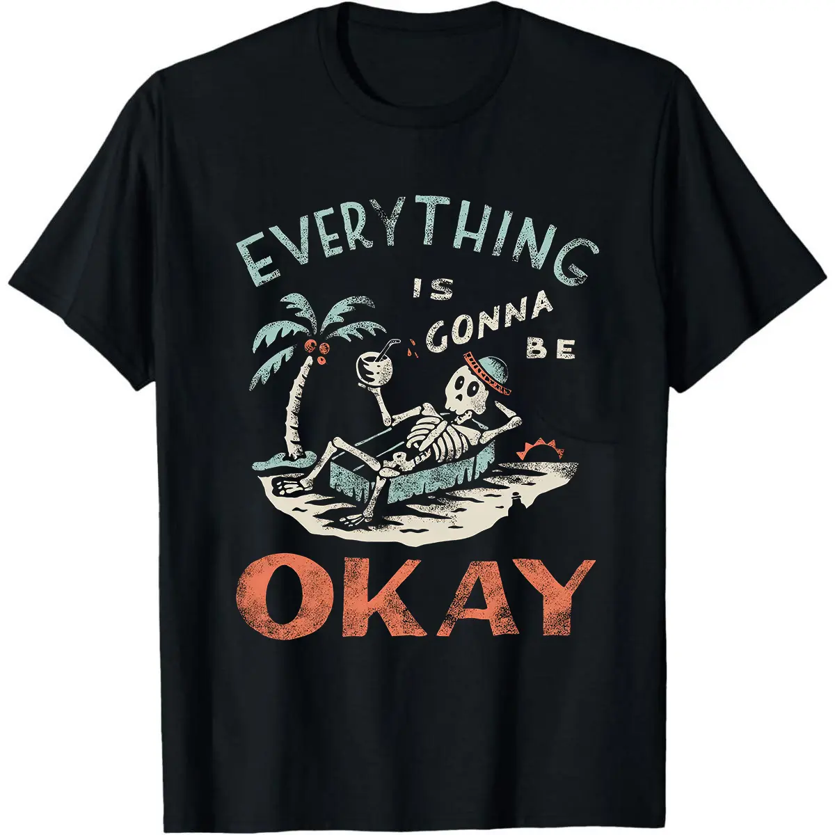 Black Short Sleeve Retro Distressed Skeleton Graphic Tee - "Everything Is Gonna Be Okay" Humorous Vacation Print Shirt | Casual Healing Vibe Apparel | Perfect for Daily Wear & Relaxed Occasions