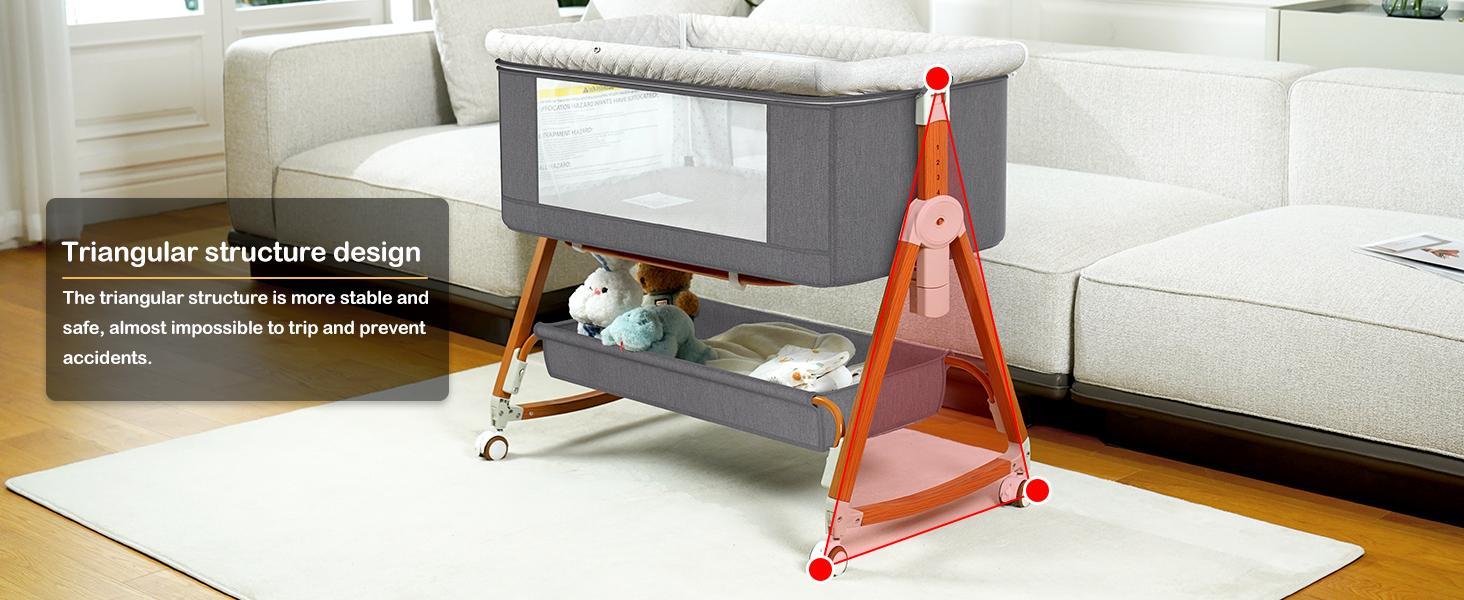 Baby Bassinet Sleeper, 6 Height Adjustable Cribs, Easy to Fold Portable Crib Side Bassinet, Swing Cradle Bed Side Sleeper with Ventilated Net&Wheels