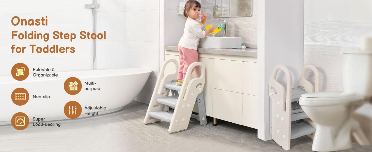 Dripex Foldable 3-Step Stool with Handles, Adjustable Toddler Step Stool for Bathroom Sink, Potty Training & Kitchen Helper Plastic Ladder for Kids