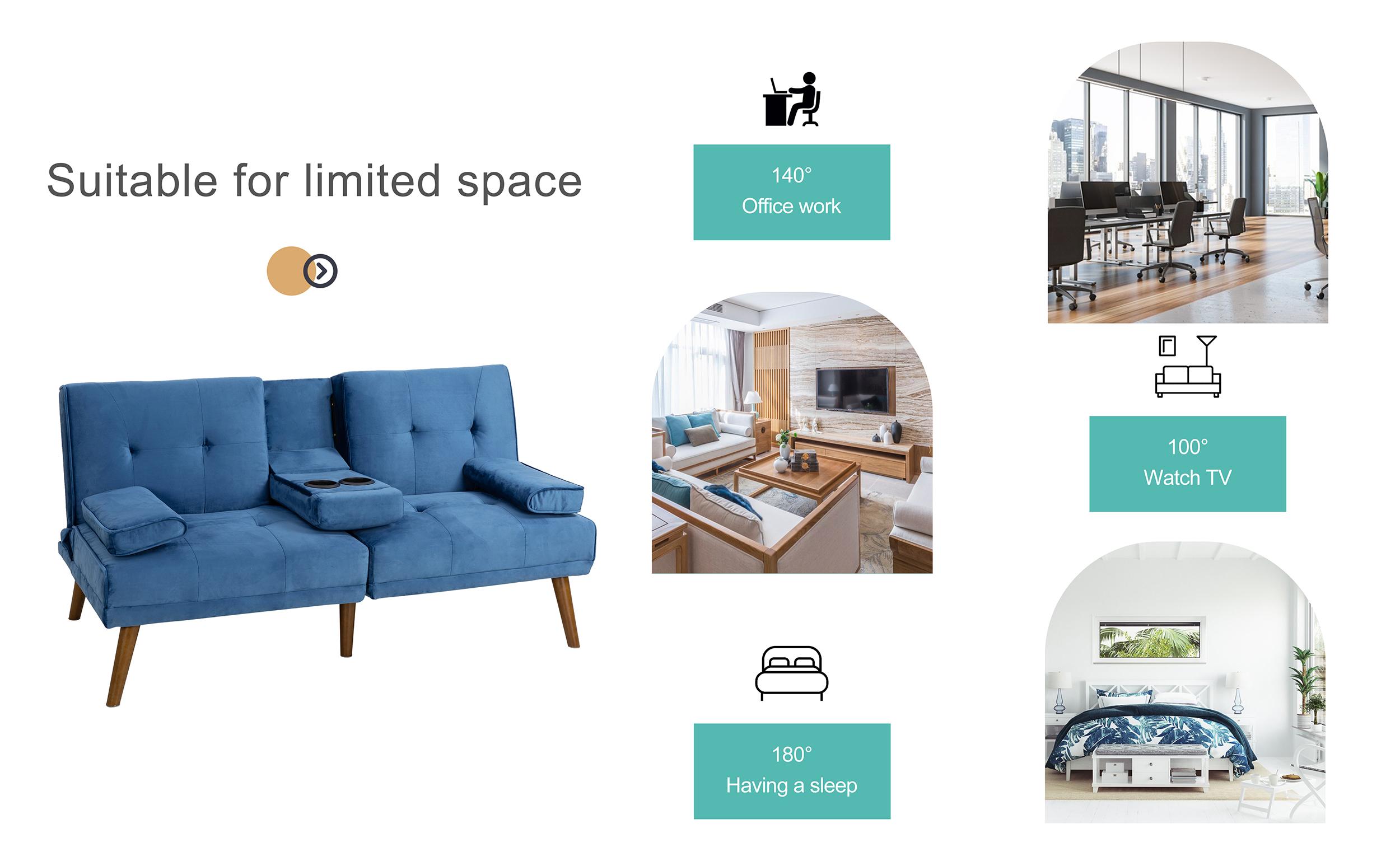 Walusunny 60” Convertible Sofa Bed Adjustable Fabric Couch Sleeper,  Recliner Reversible Loveseat Folding Daybed Guest Bed, Removable Armrests, Blue