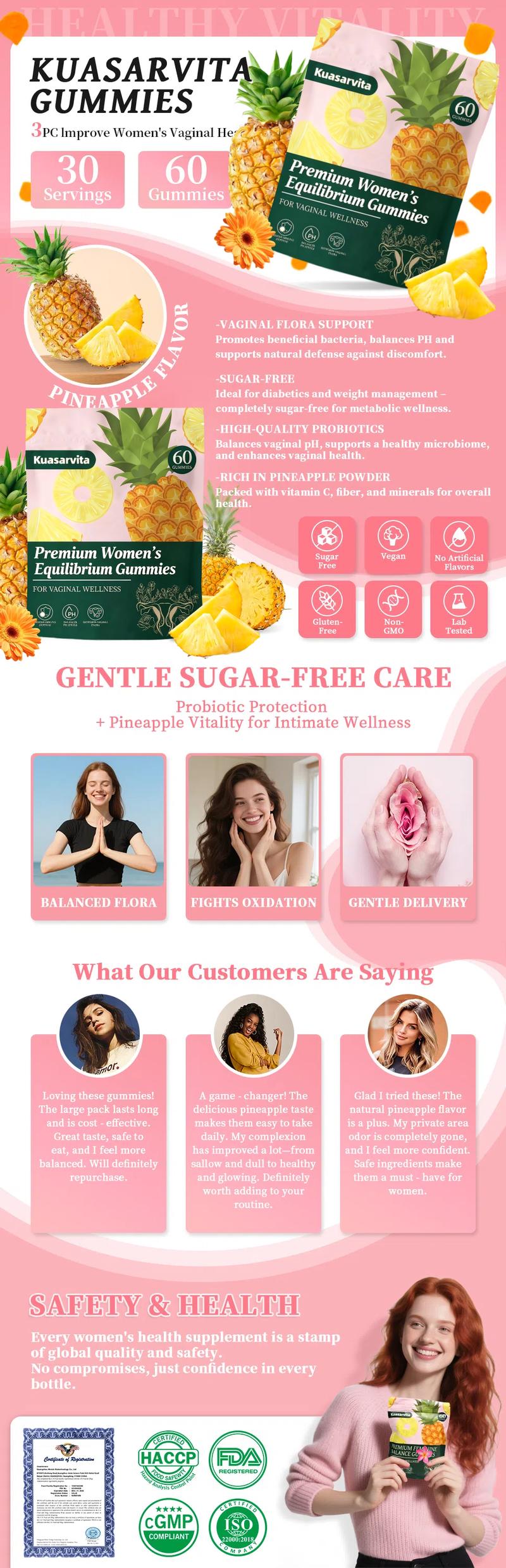 Feminine Balance Gummies Premium Hawaiian Pineapple Flavor for women pH Health Immune Energy Support Vegan Gluten-Free 60 Count