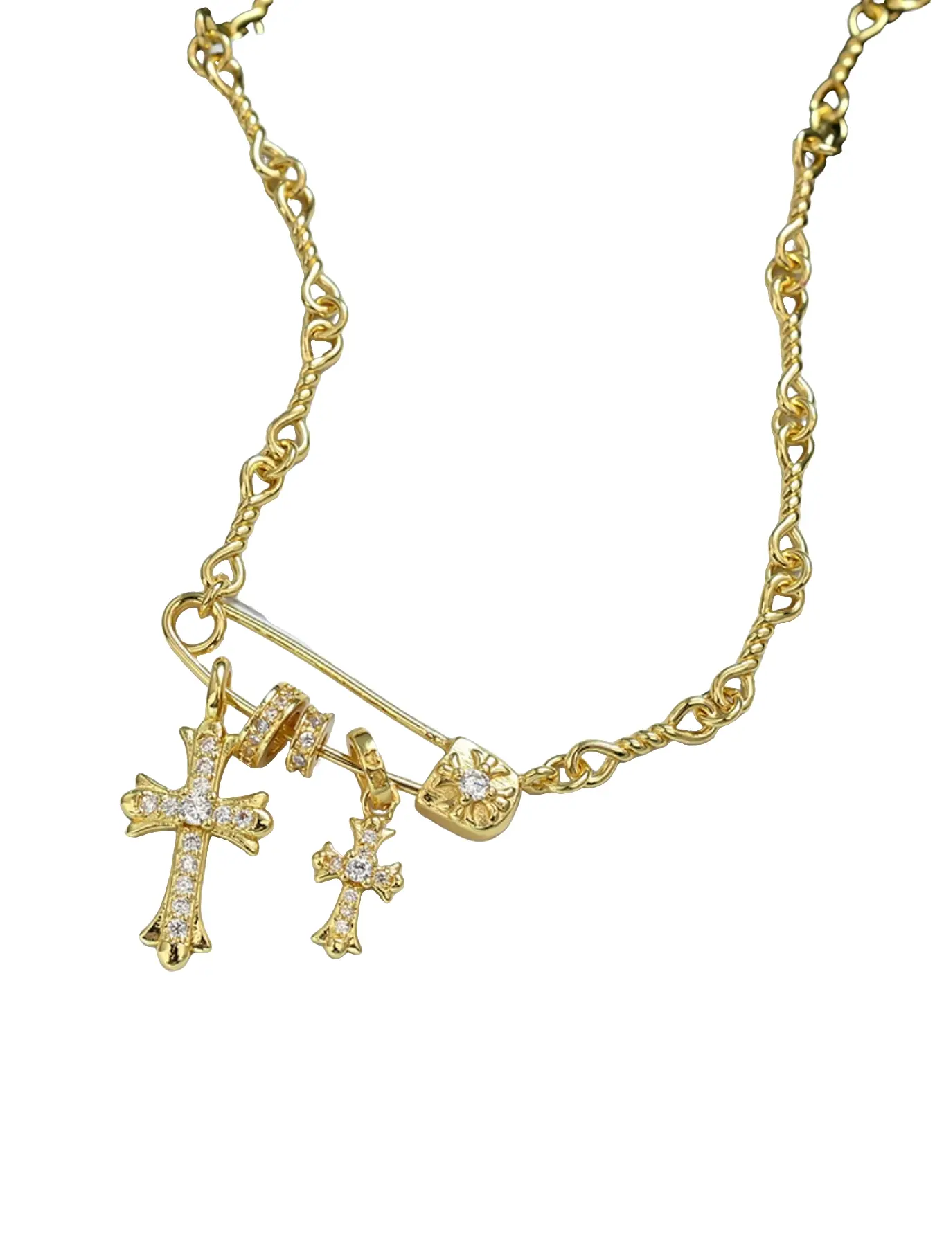 Trendy Safety Pin & Cross Necklace | Iced Out Unique Design | Perfect for Layering & Street Style Minimalist & Fashion Statement Necklace