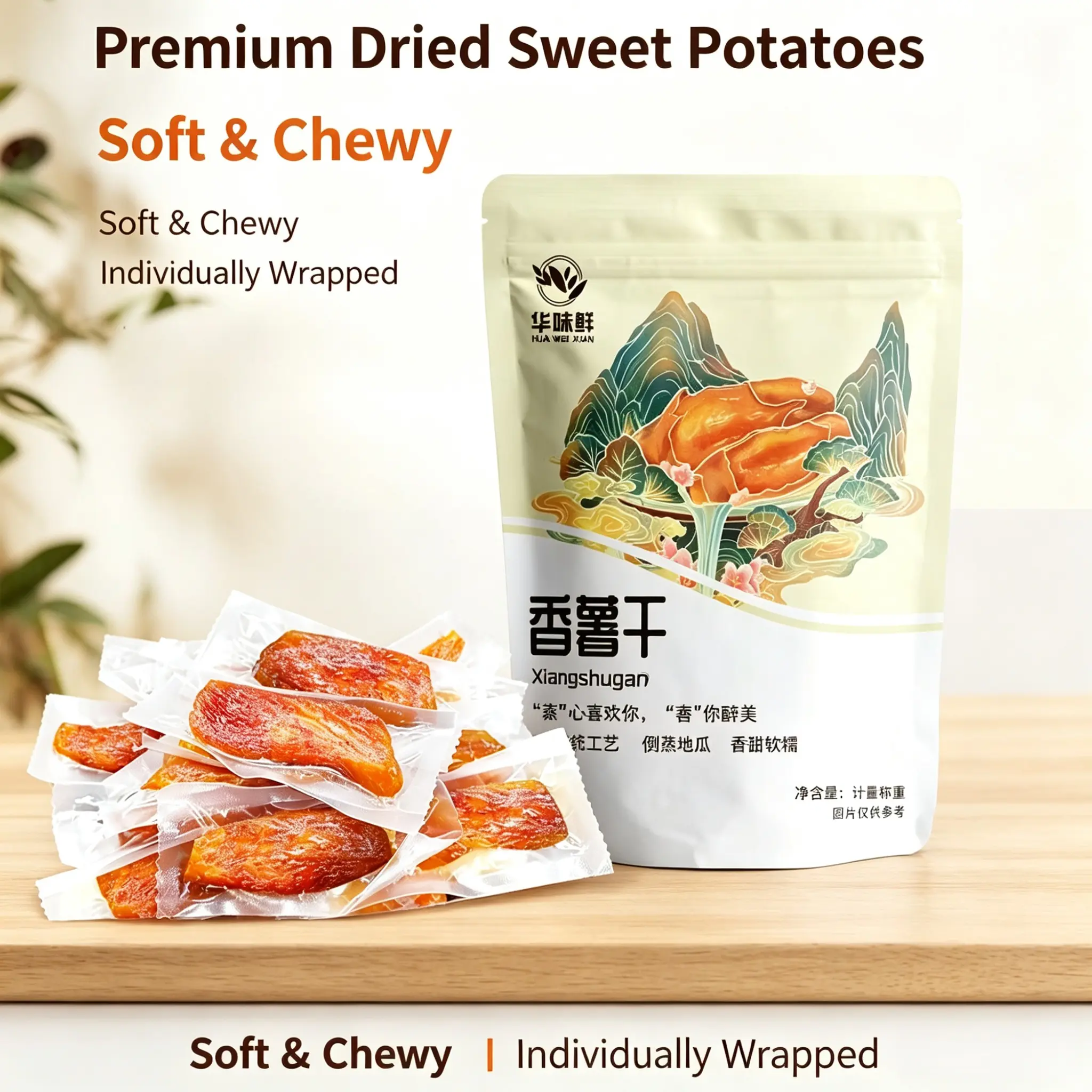 Premium Dried Sweet Potatoes, Soft & Chewy, Individually Wrapped, Natural Ready-to-Eat Snack