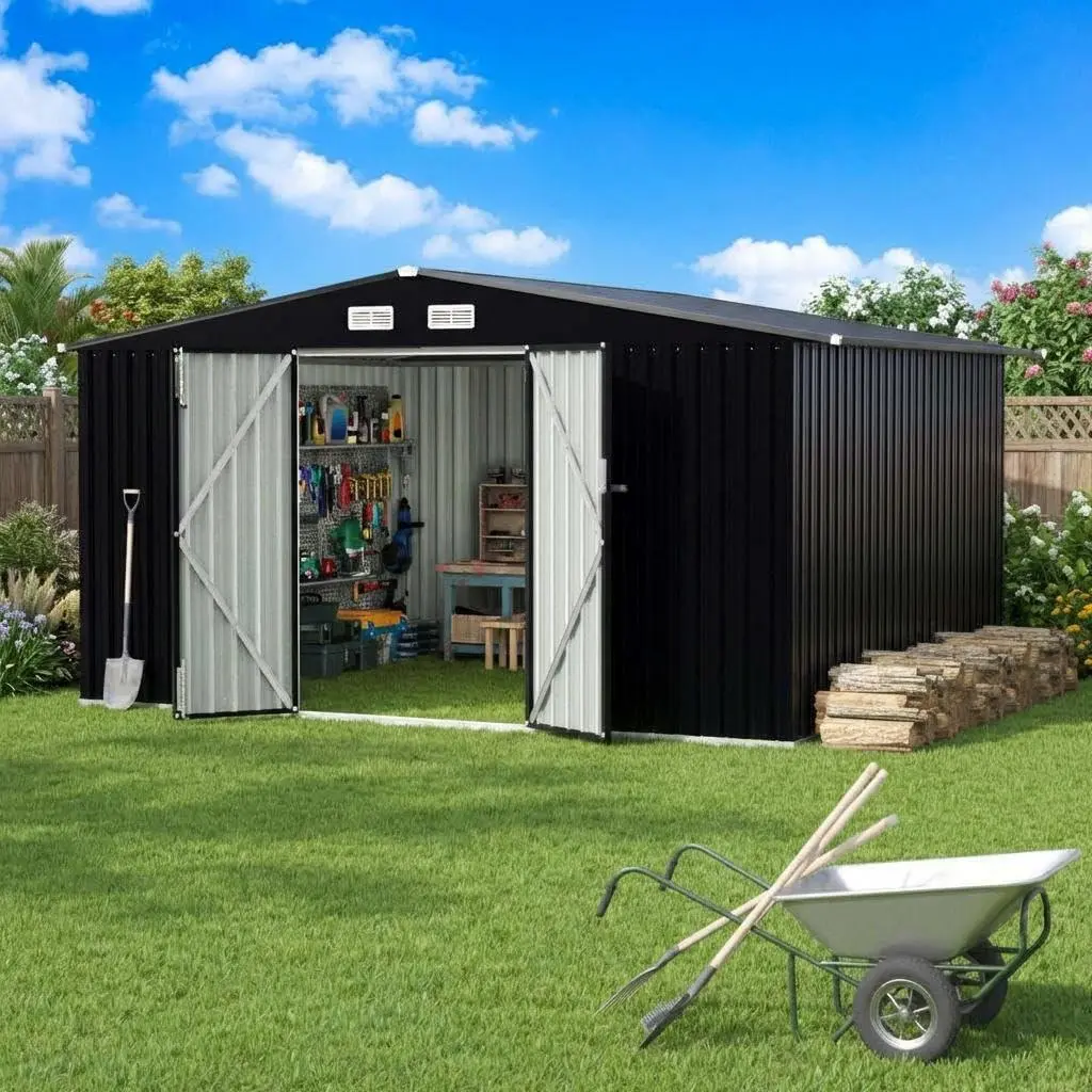 GARVEE 8x10 FT Rectangular Solid Metal Storage Shed, Outdoor Lockable Door Garden Shed, Weatherproof Utility Building with Air Vent for Backyard, Patio