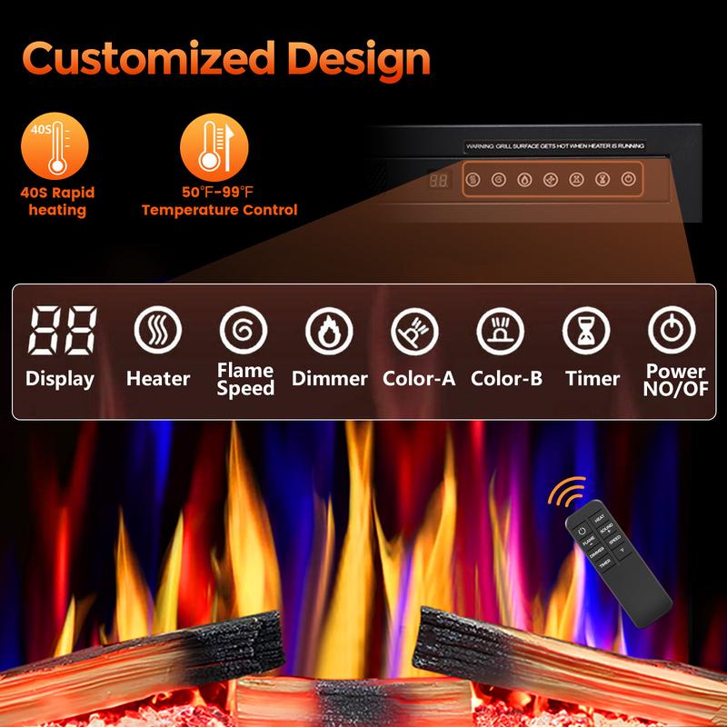 R.W.FLAME 36"&39'' Electric Fireplace Insert, Adjustable 5 Flame Colors, 12 Log Colors, 5 Flame Speeds and Brightness, Remote Control, Timer, Adjustable Temperature from 50°F to 99°F, 750W/1500W