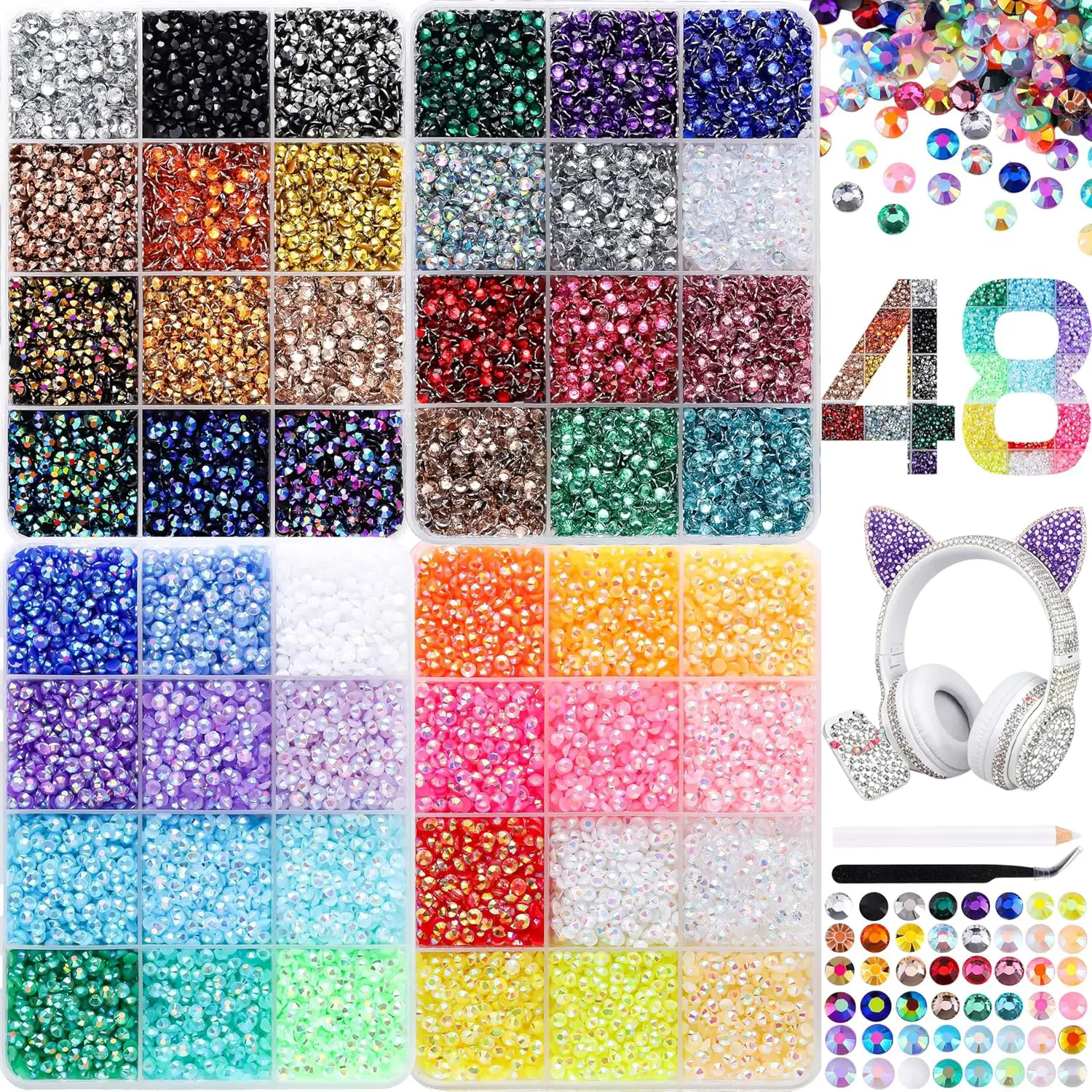 36000Pcs in 48 Colors Rhinestones for Bedazzling and Diamond Art, 3mm Flatback Gems with Gift Tools Jewelry Tweezers, Perfect for Nail Art, Crafting, Clothing, Fabric Decor bedazzled kit