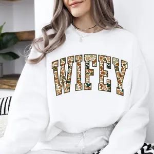 Retro Camo Wifey Bow Sweatshirt, Wifey Camouflage Tee, Old Camo Wifey Coquette Bow Shirt, Vintage Camo Wifey Gift  Casual Tee for Men & Women Made in USA Menswear