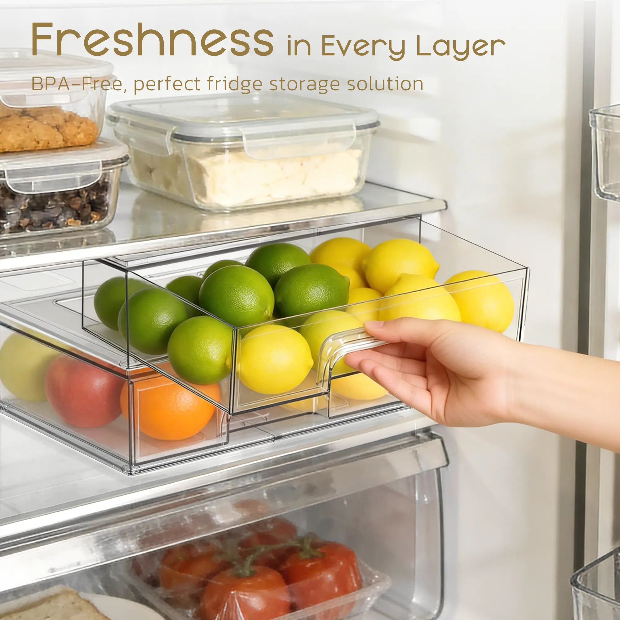 Criusia Stackable Refrigerator Organizer Plastic Boxes - BPA-Free, Reliable Storage Bins for Fruit & Veggies, Dressing Tables - 1 Wide & 2 Small Packs, Space-Saving Home Organizer, Dorm Essentials