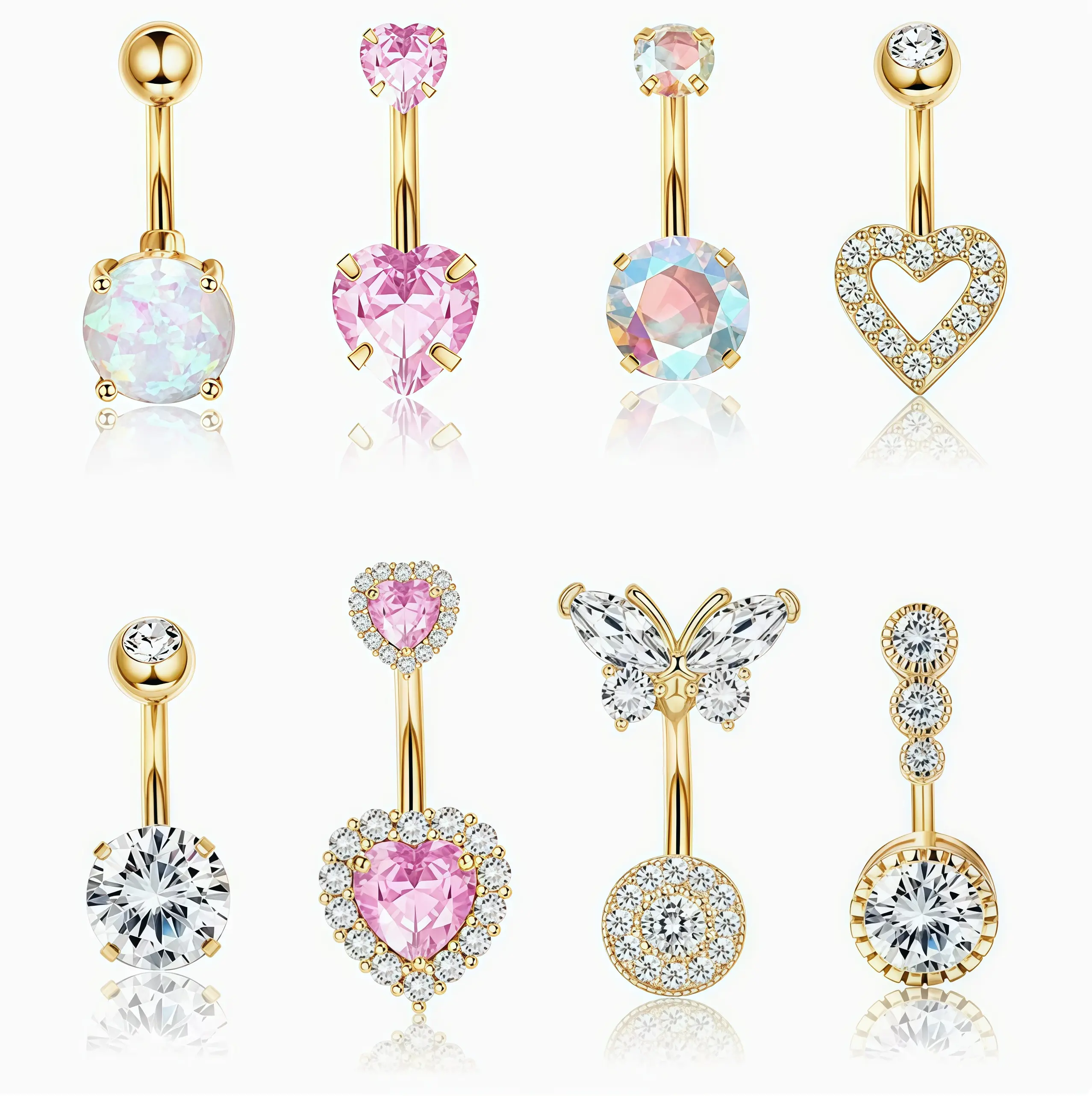 Women's 8-Piece Cute Body Jewelry Set - Gold-Plated Stainless Steel Belly Piercing Rings with Heart, Butterfly & Multicolor Cubic Zirconia