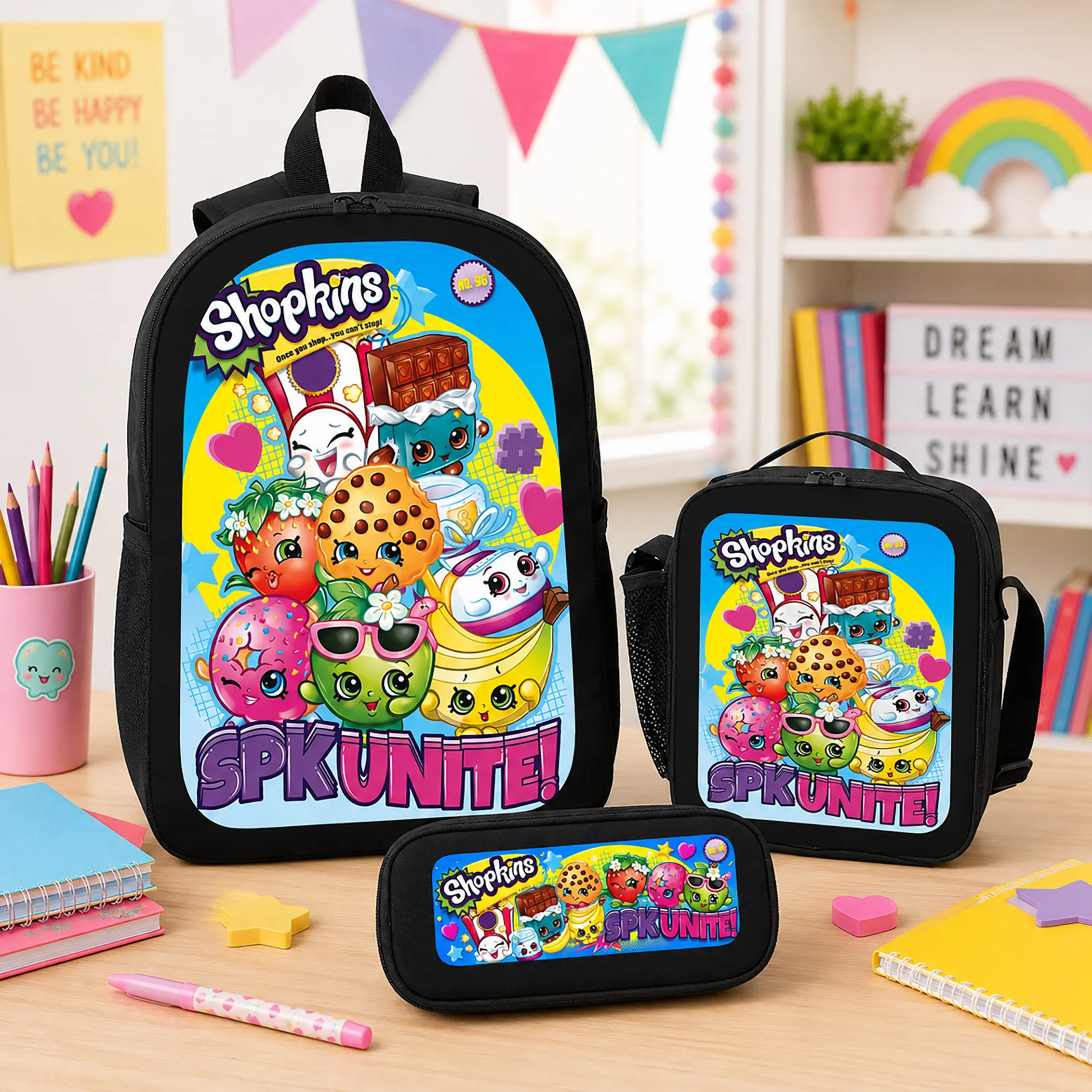 Shopkins 3-Piece Cartoon Backpack Set - Durable Polyester, Lightweight, Large Capacity, Back to School Haul Supplies (Bookbag, Lunch Bag, Pencil Case) Bright Birthday Gift for Kids Students