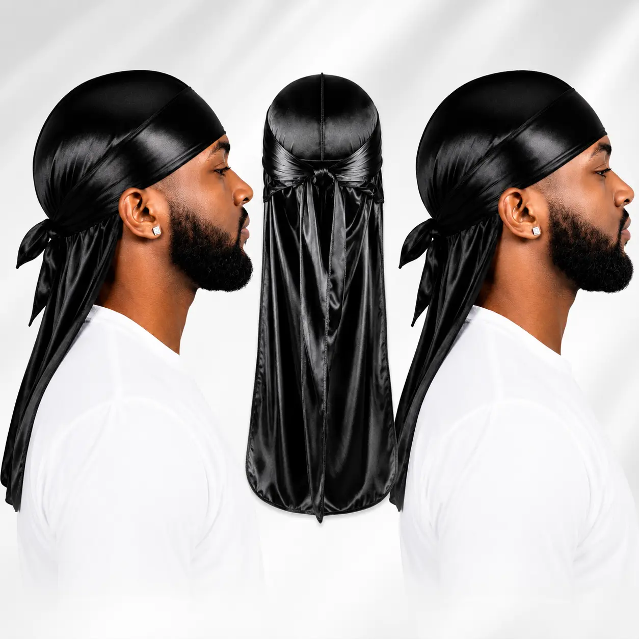 Premium Black Satin Durag, Long-Tail Wave Cap for Men