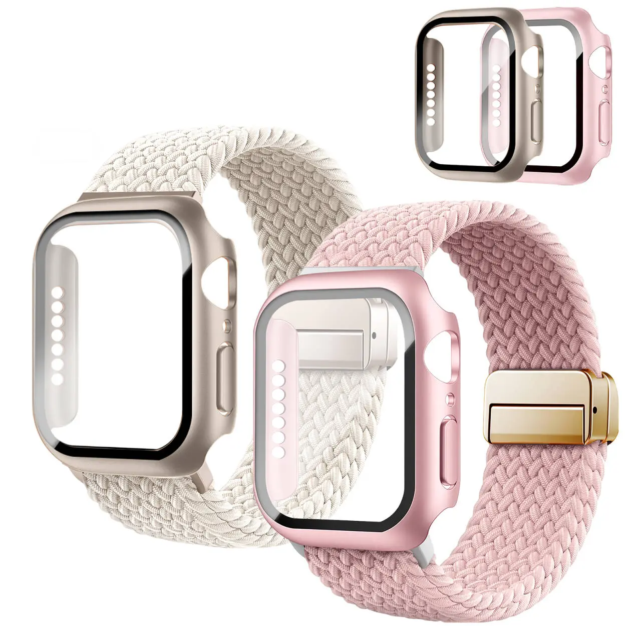 Magnetic Clasp Braided Band and Protective Case, Compatible with Apple Watch for Men & Women 40mm 44mm 41mm 45mm 42mm 46mm. Stretchy Solo Loop Strap with Protective Case + Screen Protector, Fits iWatch Series 11/SE3/10/9/8/7/6/5/4 ,sdayg atch nylon