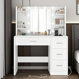 Modern LED Light White Vanity Desk with Power Outlet and Mirror for Makeup & Hair Styling 4 Drawers 3 Color Modes Adjustable Brightness Dressing Table Bedroom