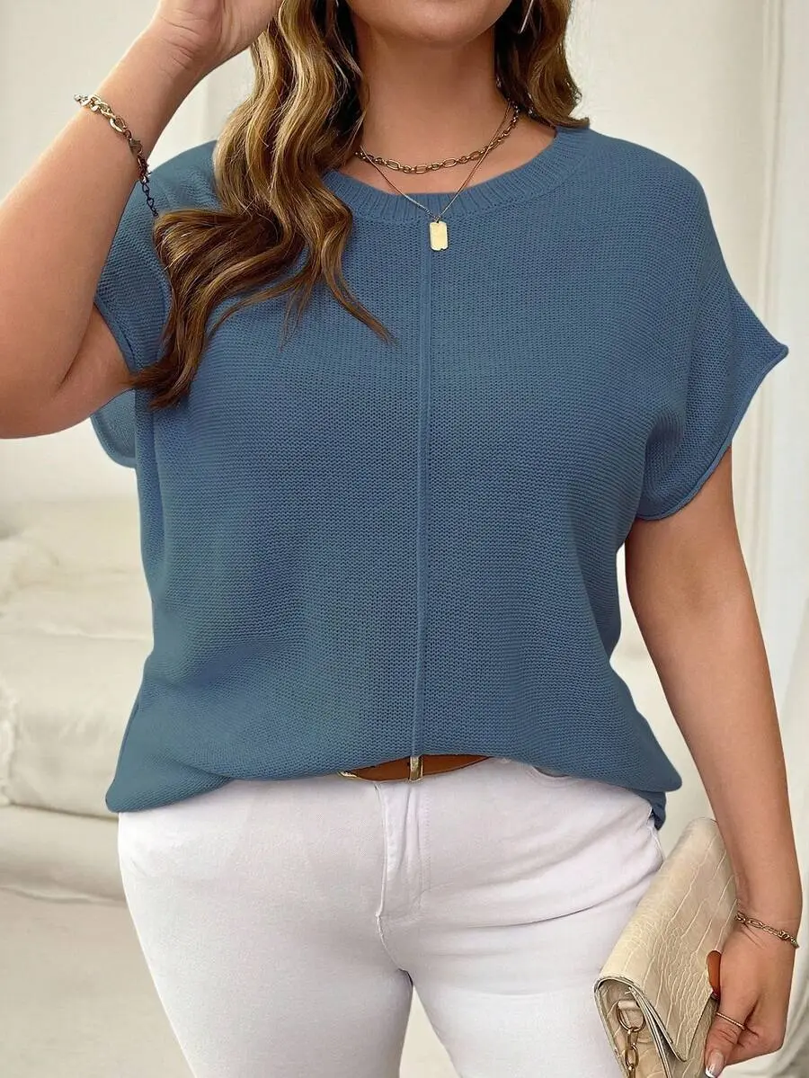 LUNA LAYER Womens Plus Size Dusty Blue Rib Knit Short Sleeve Sweater