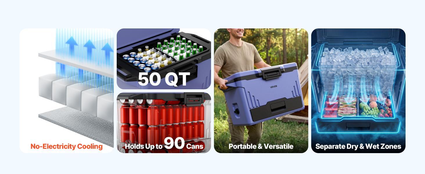VEVOR 50QT Hard Cooler, Portable Outdoor Cooler & Cool Bag with Leak-Resistant Insulated Chest, 48-Hour Ice Retention, Heavy-Duty Handle, Ultra-Light for Camping, Concerts, Outdoor Trips#BackToSchool