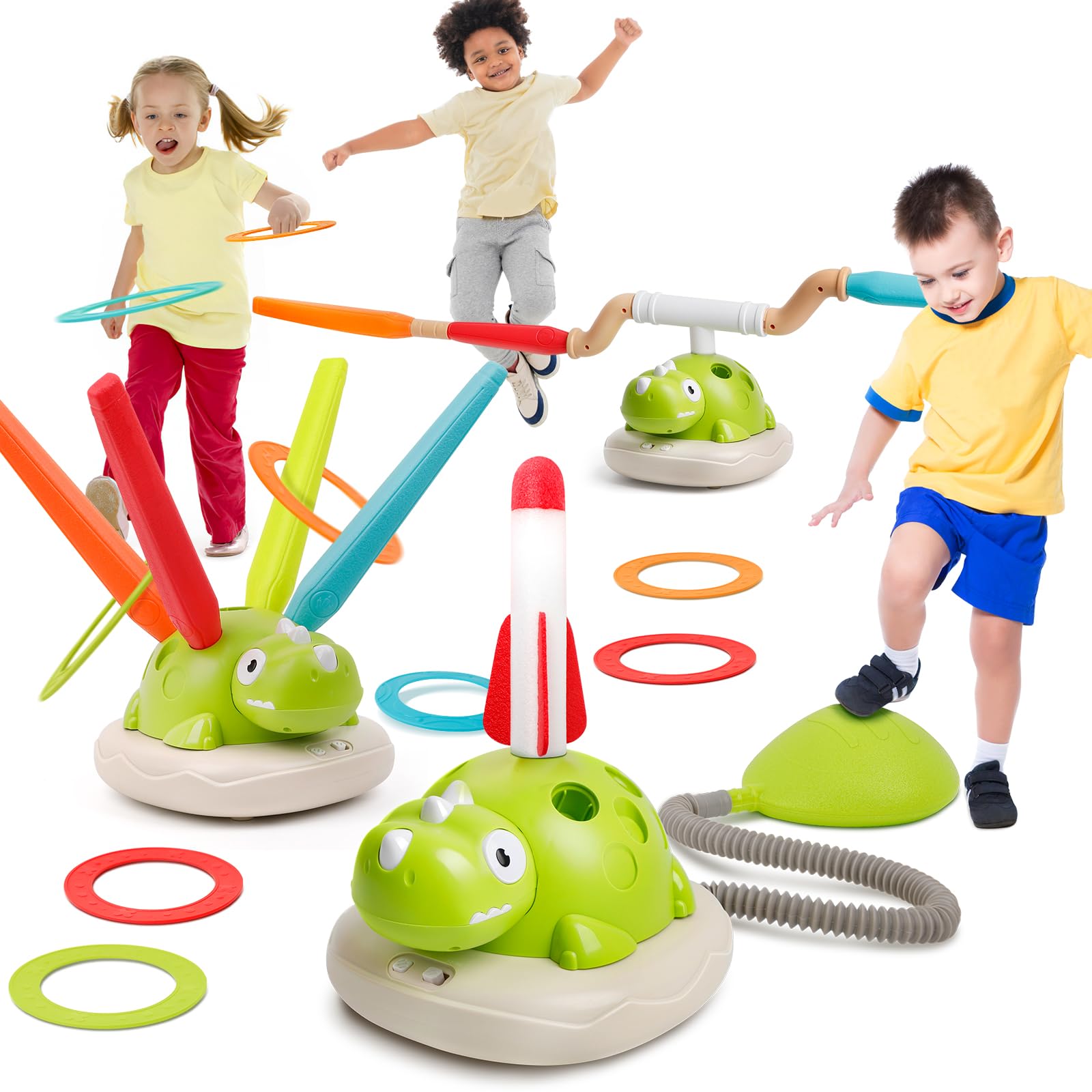 Edulok 3-in-1 Remote Control Dinosaur Play Set - Musical Bouncing Game with Ring Toss & Rocket Launcher, Perfect for Thanksgiving Family Fun, Indoor/Outdoor Active Play for Ages 3+