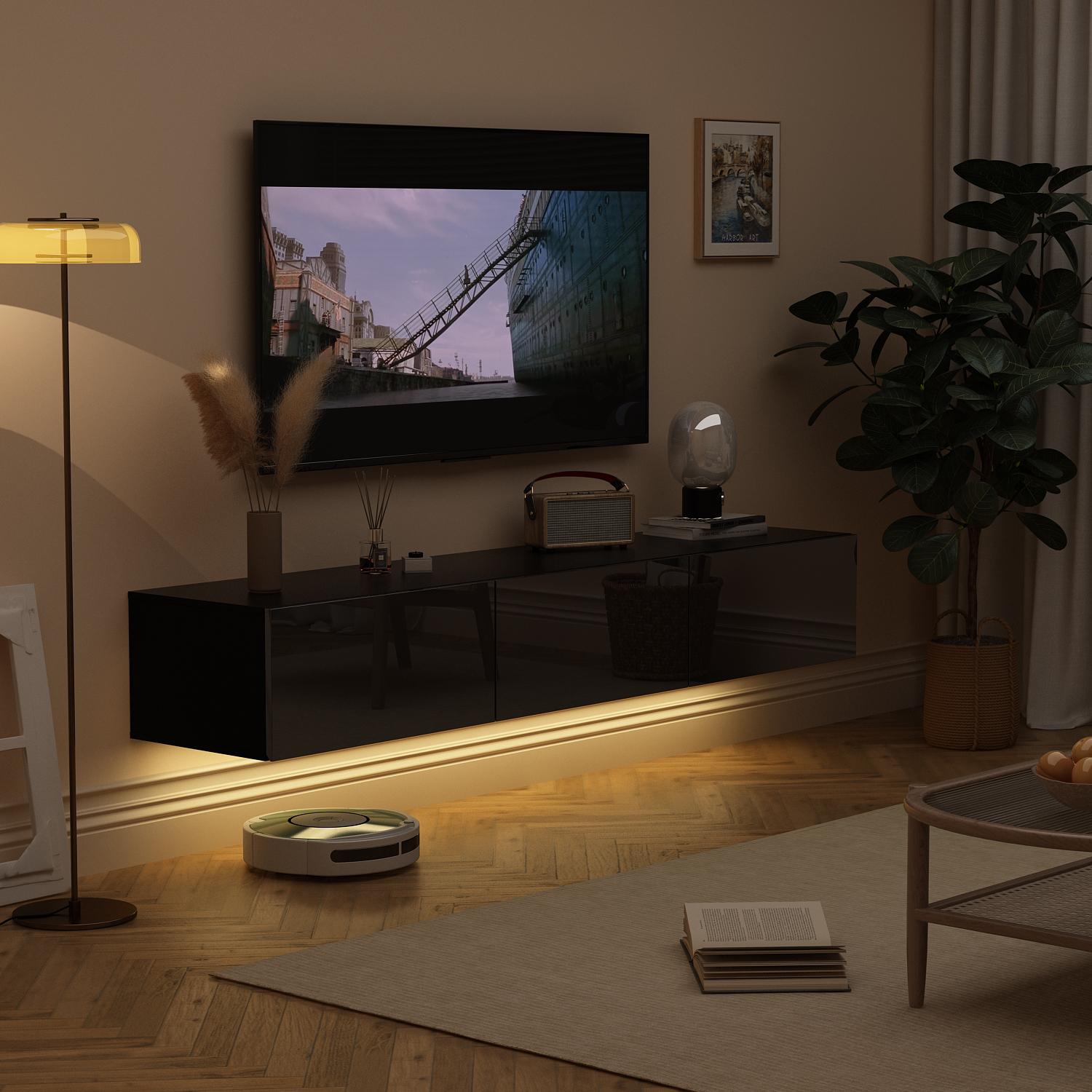 FUFU&GAGA Floating LED TV Stand for TVs up to 70", Wall Mounted Wood Media Console with Glossy Surface & 44 Color LED Lights