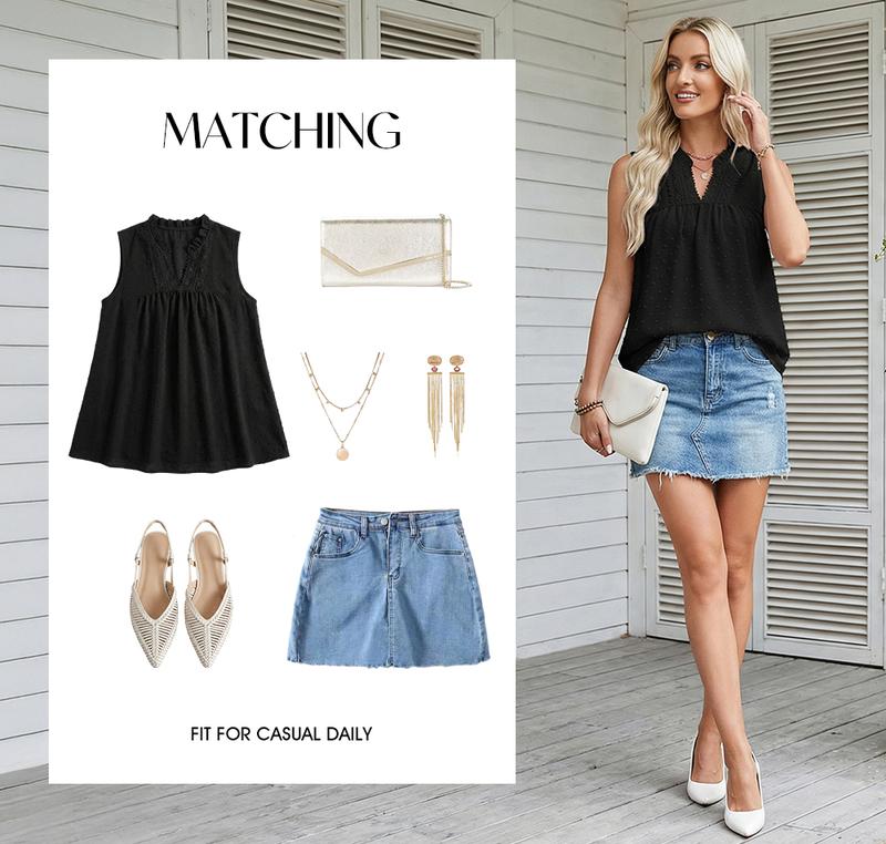 EVALESS Women's Tank Top Lace Casual V Neck Elegant Swiss Dot Smocked Sleeveless T Shirts Tops 2026 Womenswear Fashion Spring Outfits