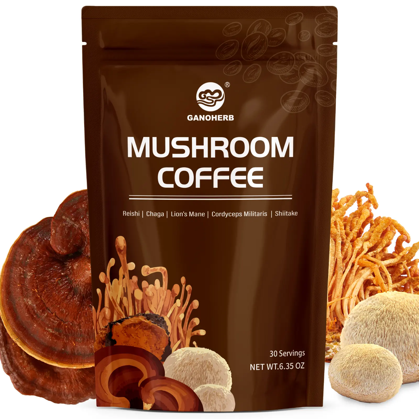 GANOHERB Nutrient Rich Mushroom Coffee Blend Beverage - Gourmet Instant Arabica Mix with 5 Adaptogen Mushrooms, MCT Oil, Coconut Milk Powder, 6.35oz (30 Servings) for Energy, Focus, Stress Relief.