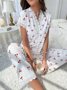 Women's Lace Trim Pajamas Set - Short Sleeve V Neck Floral/Butterfly/Cherry Print Sleepwear, Soft Cotton-Like Ribbed Loungewear, 2-Piece Comfy Pj Set for All Seasons