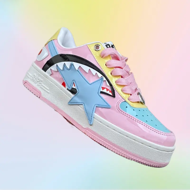 Glossy Patent Leather Low‑top Sneakers, Pink Yellow Blue Color Block, Shark Star Graphic, Thick Platform Sole Lace‑up Casual Footwear