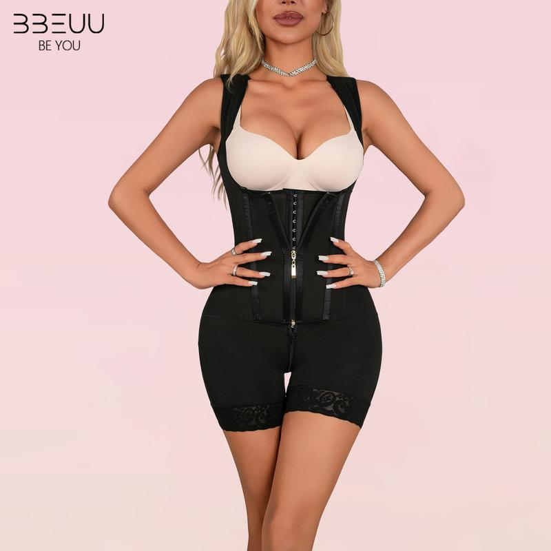BBEUU Women's Solid Black Zipper Corset Shapewear Romper Tummy Control High-Waist Girdle Bodysuit for Daily Wear Compression Shaper - Womenswear