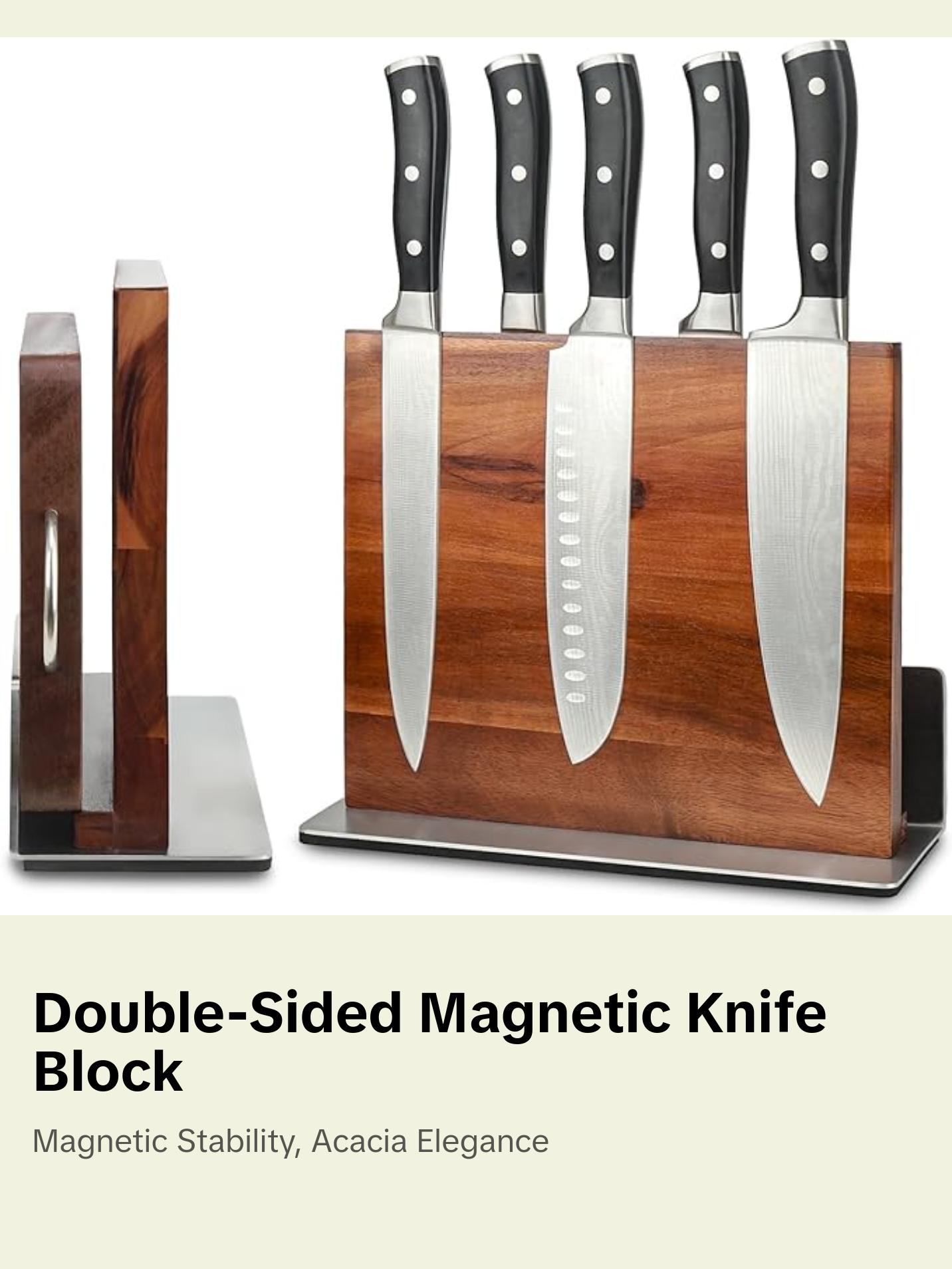 HOMIQUEEN Double Sided Magnetic Knife Stand with Stainless Steel Base, Strong Magnet Knife Block without Knives, Acacia Wood Kitchen Knife Block with Cutting Board Holder for Kitchen Counter