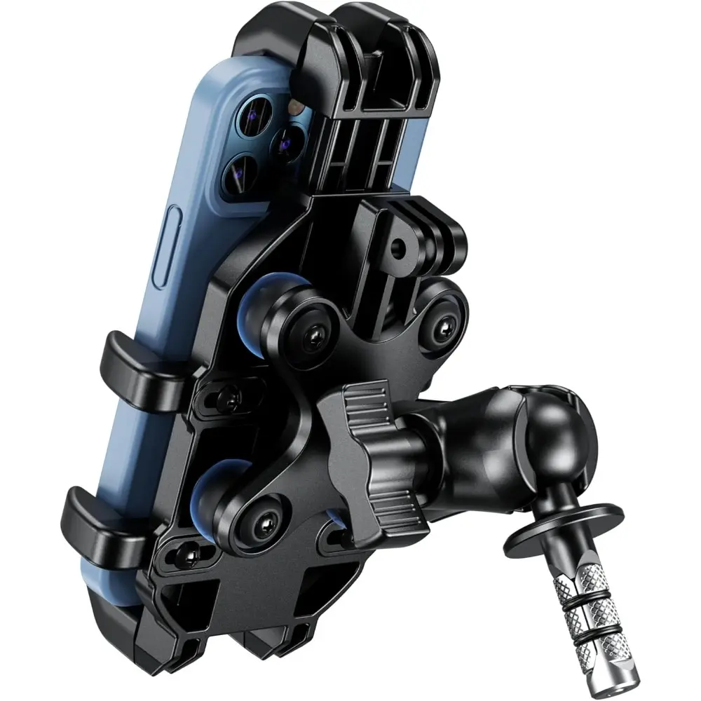 Motorcycle Fork Stem Phone Mount with Vibration Dampener - Heavy Duty Adjustable Holder, 720-Degree Rotation, Fits 12mm-25.4mm Stem Tubes, 16mm-Thick, 178mm-Long, 88mm-Wide, Compatible with 5.4"-7.2" Smartphones, Composite Body