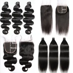 Bele Hair Raw Hair Bundles With 5x5 Lace Closure For Quick Weave Hairstyles Straight And Body Wave Human Hair Bundles With Closure Natural Black Color  5 Inch Long Deep Part Closure And Bundles Gift Box Design