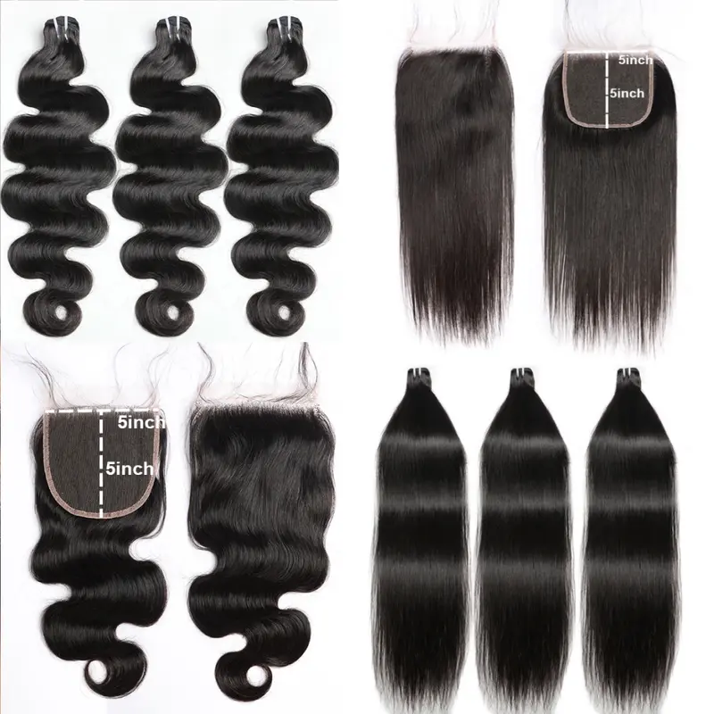 Bele Hair Raw Hair Bundles With 5x5 Lace Closure For Quick Weave Hairstyles Straight And Body Wave Human Hair Bundles With Closure Natural Black Color  5 Inch Long Deep Part Closure And Bundles Gift Box Design