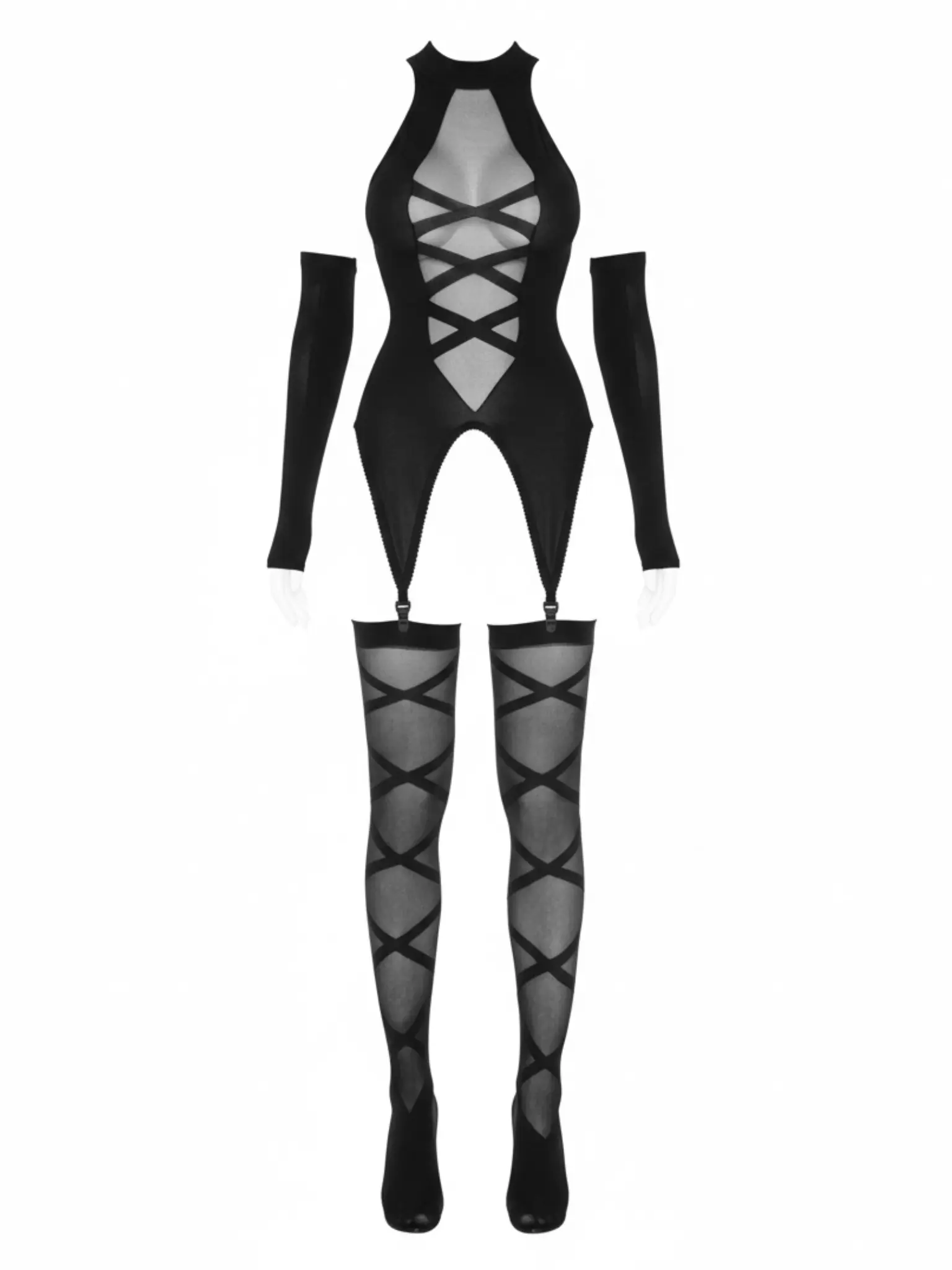 Women's 3 Piece Sexy Cami Garter Lingerie Set, Opaque and Sheer with Faux Lace Up Detail, Includes Thigh High Stockings and Fingerless Gloves, Statement, Bedroom