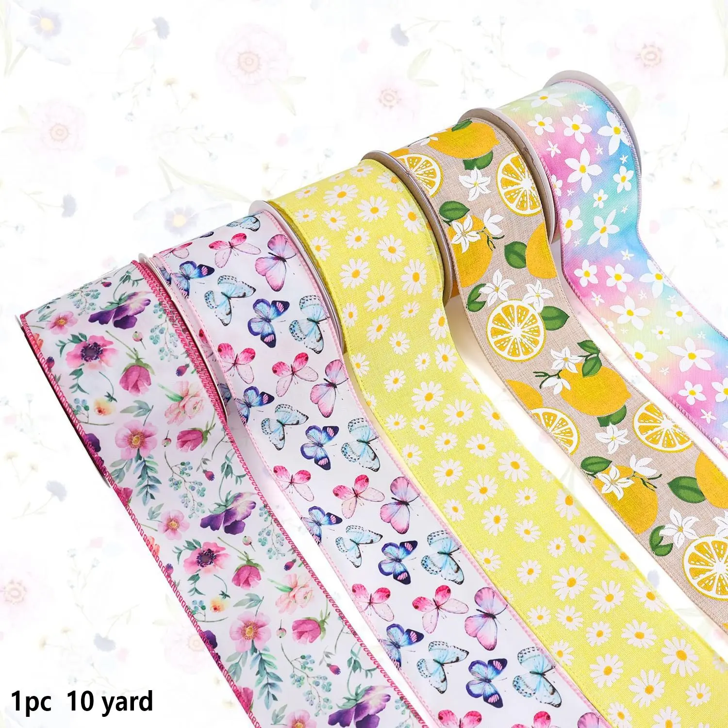 Floral Wired Edge Ribbon Roll, 10 Yard Width 6.3 Cm, Summer Decorative Ribbon for Wreaths Crafts Gift Wrapping