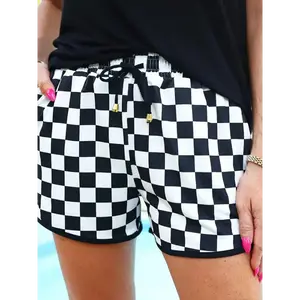 2025 Women'S Casual Checkered Drawstring Shorts - Black and White, Loose Fit, Perfect for Spring/Summer, Relaxed Style, WearCheckered PatternDrawstring Waistband