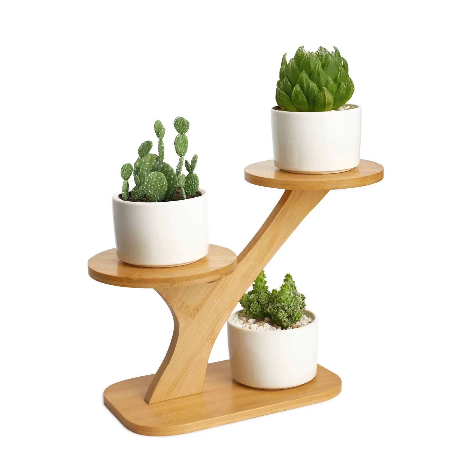 XXXFLOWER 3-Tier Bamboo Succulent Planter Set - Bamboo Stand Rack with 3 Stackable Ceramic Pots, Desktop Flower Pot, Desk Accessories, Office Desk Accessories, Bedroom & Living Room Minimalist Modern Decor, Aesthetic Holiday Gift Idea