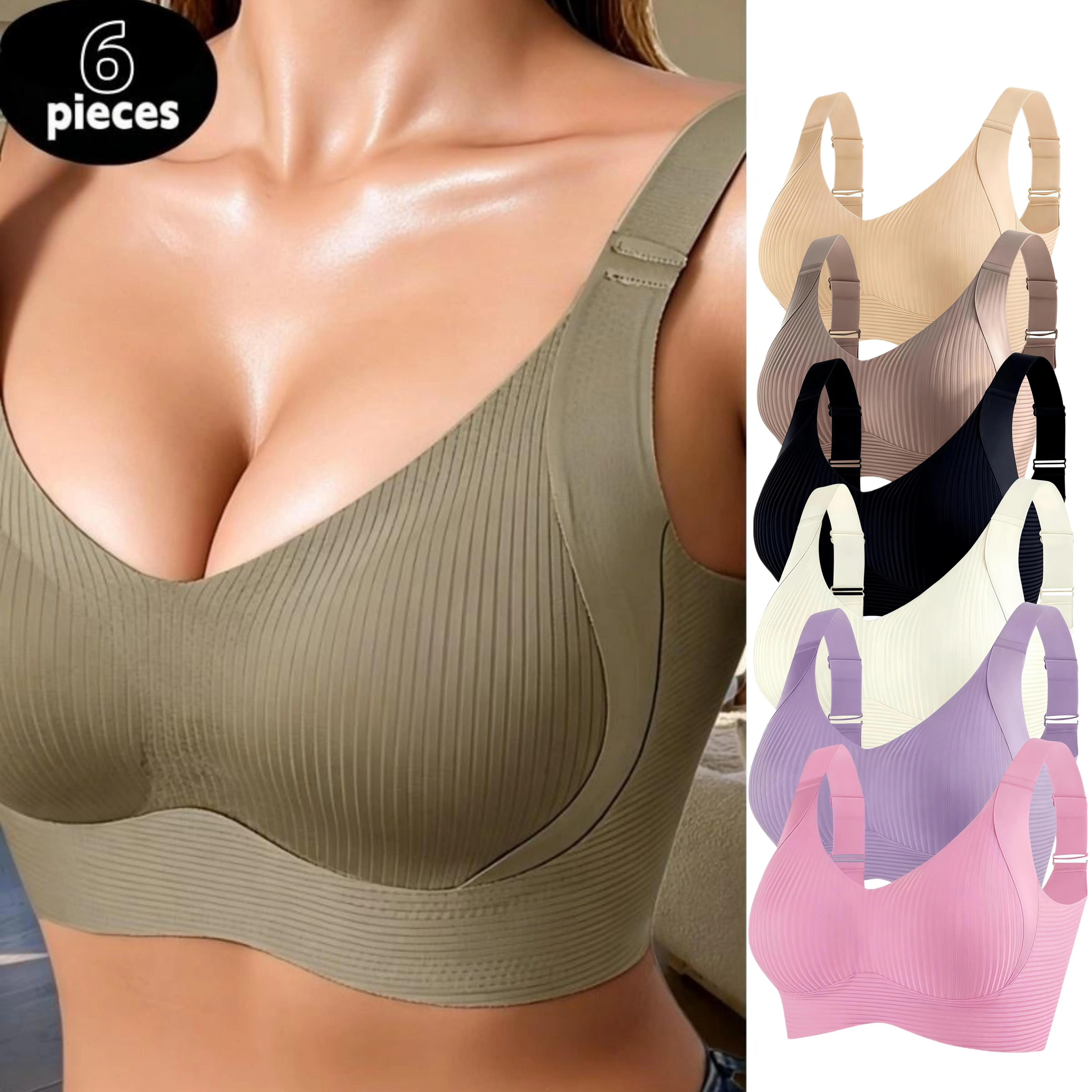 H     6-Pack Women's Seamless Full Coverage Bras Wireless Underwear with Wide Straps Soft Support Black Coffee Apricot Elegant Daily Wear for Various Occasions Smooth Texture Seamless Craft Full Coverage Bras Womenswear Everyday Fits