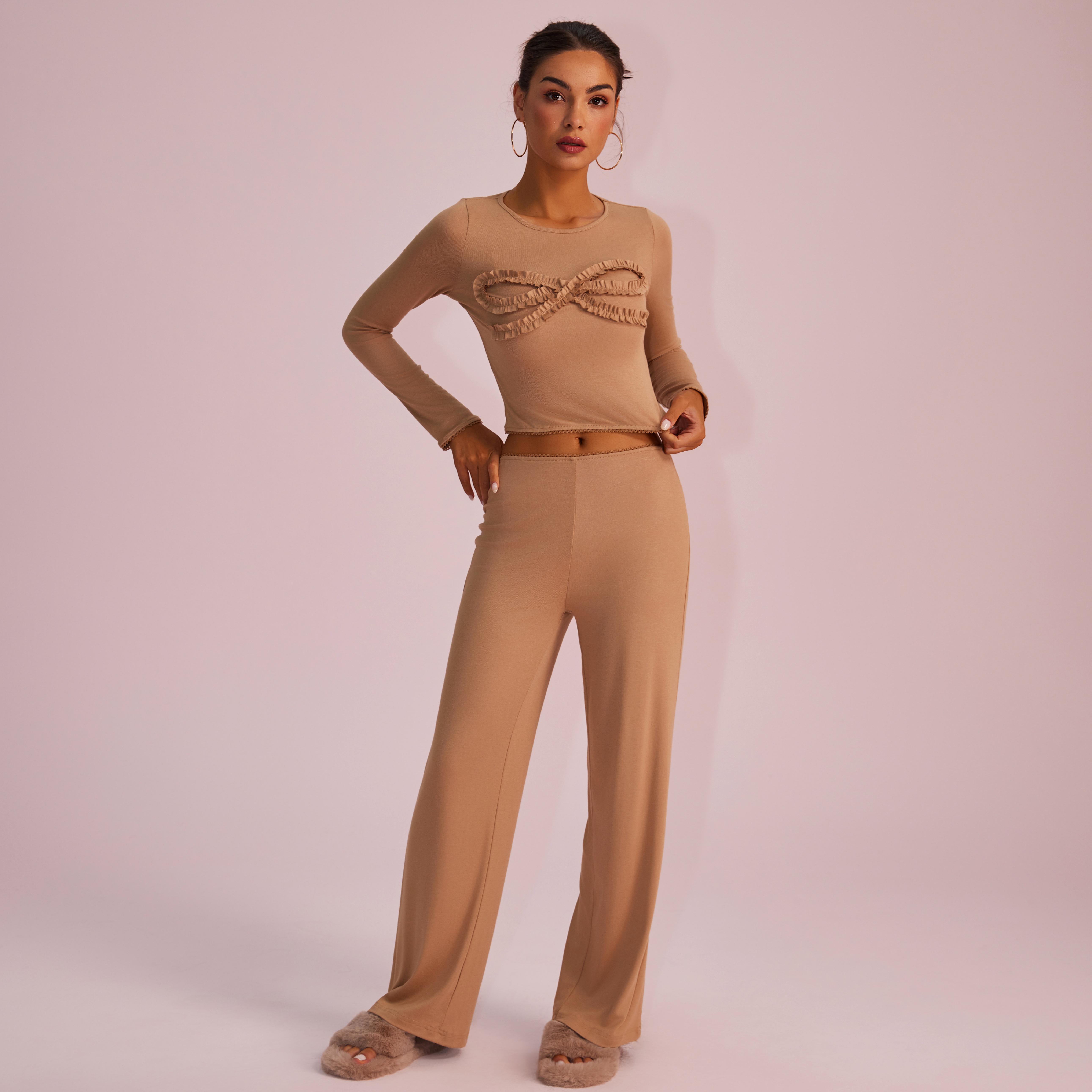 Joyfunear Solid Color Knitted Long-Sleeved Round Neck Top & Casual Straight-Leg Pants Set with Bow Decoration for Daily Wear