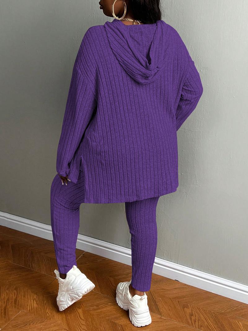 USBOUTIQUECHIC Plus Size Women's Solid Textured Ribbed Hoodie & Elastic Waist Pants Set, Casual Cozy Ribbed Knit Outfits for Fall & Winter, Baggy Matching Suits for Daily Wear