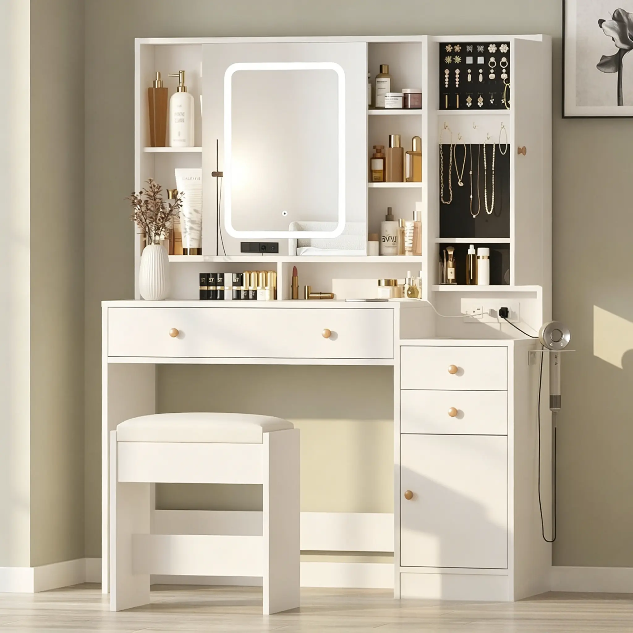 [tiktokshopbacktoschool] Vabches Makeup Vanity Desk with Mirror and Lights, Vanity Table with Charging Station, Storage Drawers and Shelves, Modern Black Vanity Desk for Bedroom,dorm essentials,home decor