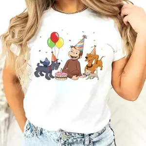 Curious George Birthday Matching Tee for Kids and Adults, Family Party Curious Monkey Graphic T-Shirt, Unisex Meme Inspired Trend Tee
