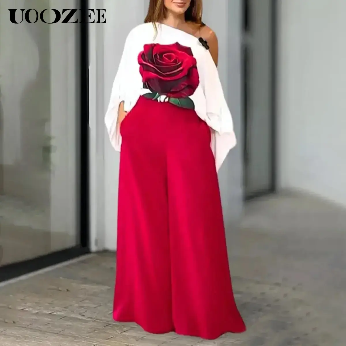 UOOZEE Women's Asymmetrical 1-Shoulder Round Neck Oversize Long Sleeve Floral Print Polyester Casual Short Blouse with Pocket, Elastic Hem, Slit Pockets, Elegant Basic Loose-Fitting Normal Type Shirt for Hand Wash, Short Top