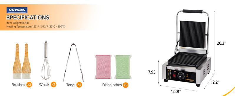 ROVSUN Commercial Panini Press Grill, Stainless Steel Electric Countertop Sandwich Maker with Adjustable Temp 122°F–572°F, For Steak, Burgers, Home & Restaurant Use, 110V, Silver