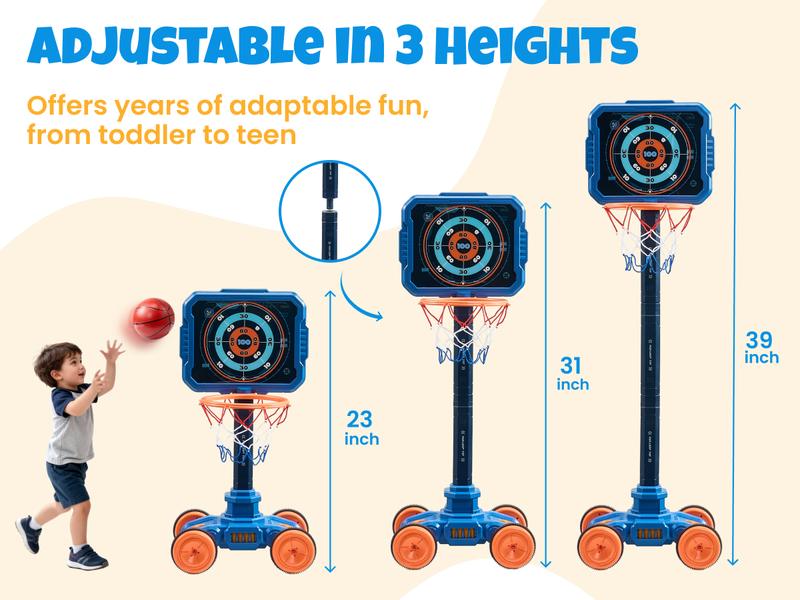 Joycat Sport Toys, 2-in-1 Shooting & Basketball Toy for Kids, Adjustable Height Auto-Moving Shooting Target with Music, Outdoor Indoor Game Compatible with Nerf Gun for Kids, Birthday Chrisrmas Gifts for Boys