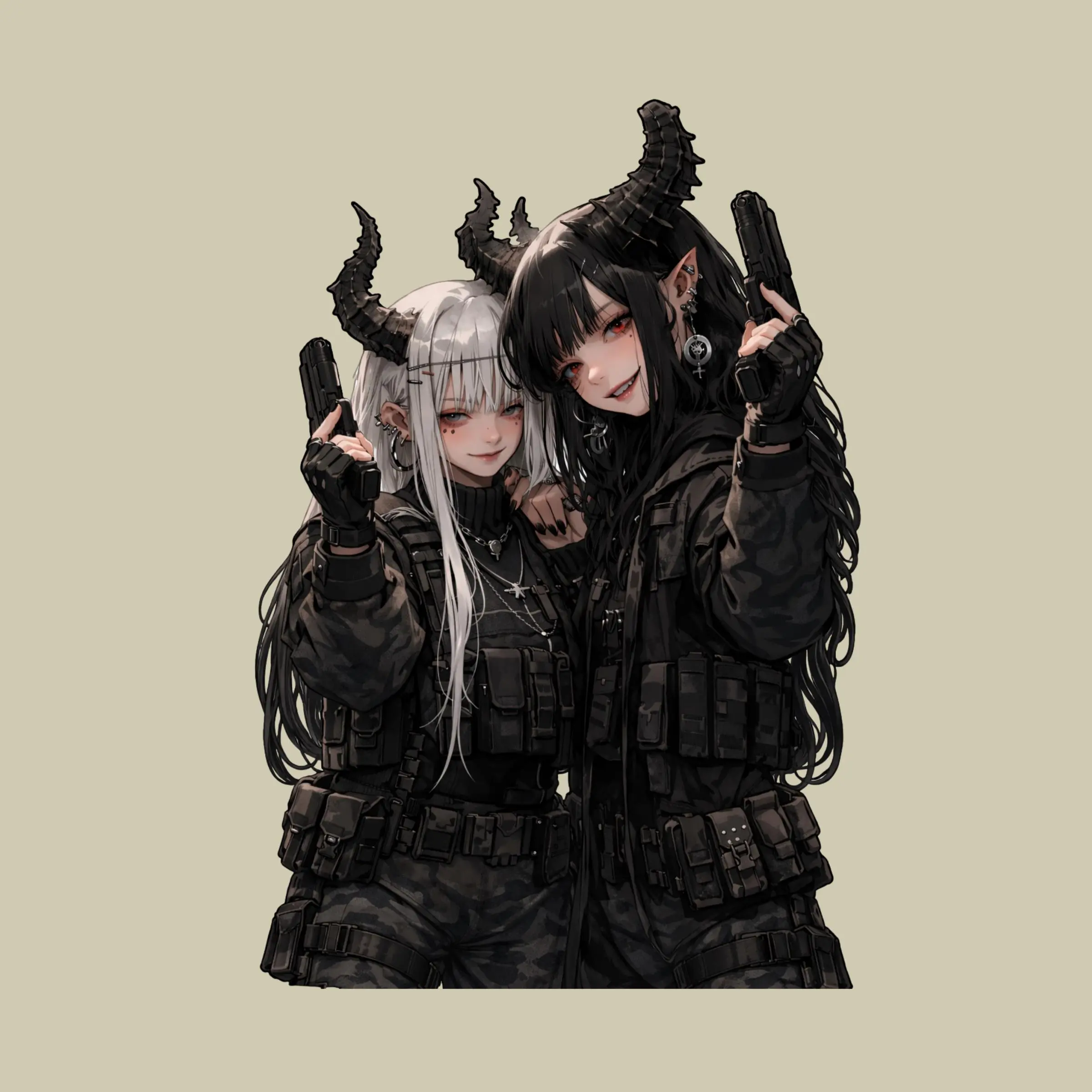 Demon Horn Twins Tactical Sticker,  Gothic Anime Combat Girls with Pistols, Dark Aesthetic Decal