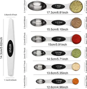 Magnetic Measuring Spoons Set Stainless Steel with Leveler, Stackable Metal Tablespoon Measure Spoon for Baking, Cups and Spoon Set Kitchen Gadgets Apartment Essentials Fits in Spice Jars BIDFUL