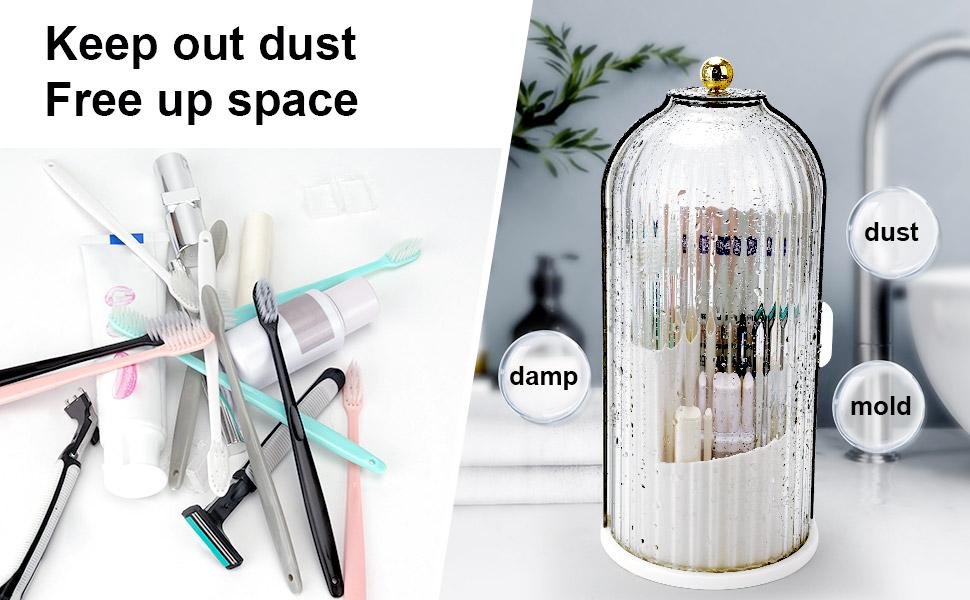 Dustproof Toothbrush Holder with Clear Sliding Door Lid, Rotating Electric Toothbrush and Toothpaste Holder for Bathroom Countertop, 3 Slots Transparent Make up Brushes Organizer for Vanity, Toothbrush Marker Pen Brushes Storage Basket, Beauty Essentials