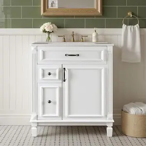 Farmhouse Bathroom Vanity with Sink: 30″ Storage Cabinet with 1 Door & 3 Drawers, Easy Assembly Standalone Design (White)