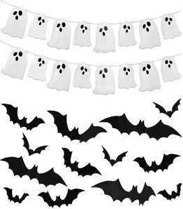 120 Pcs 3D Scary Bat Stickers + 2 Packs Glittery Halloween Ghost Banner for Halloween Decoration Haunted Houses Doorways Indoor Outdoor Mantel Wall Decor 2026.