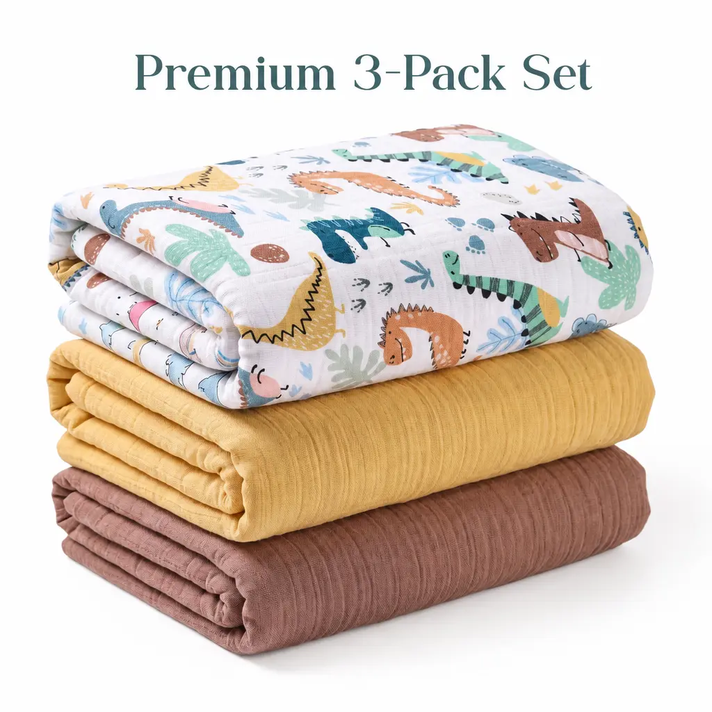 Baby Muslin Swaddle Blankets 3-Pack with Breathable Fabric, 100% Cotton Soft Receiving Blankets for Newborns and Infants, Includes 1 Print and 2 Solid Colors